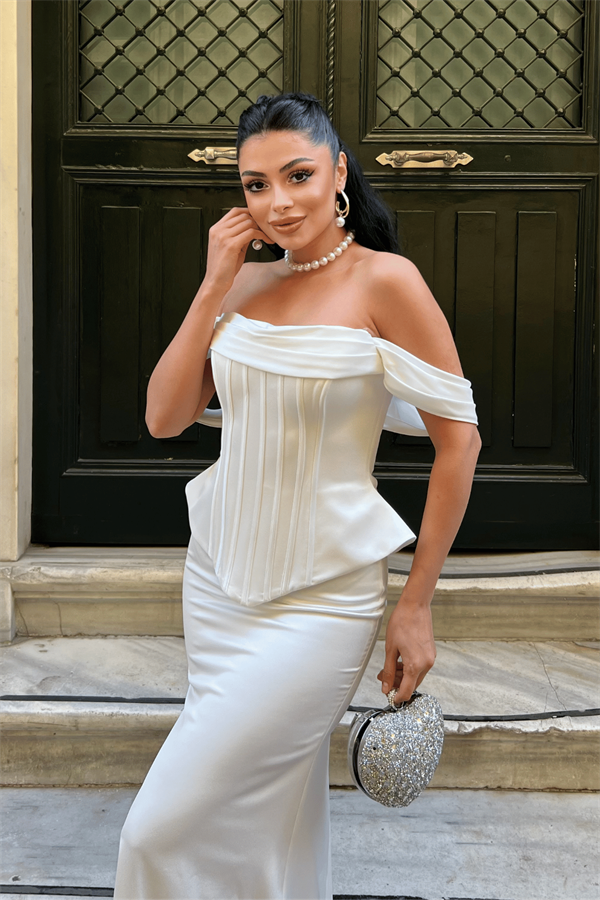 Saten Kumaş Balen Detaylı Abiye Elbise - BEYAZ