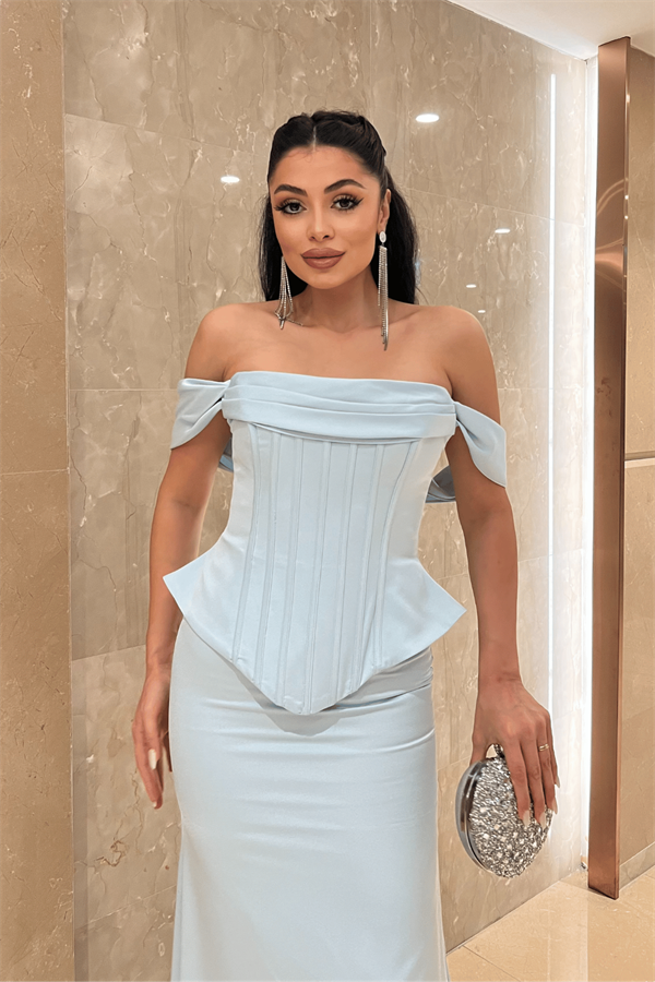 Saten Kumaş Balen Detaylı Abiye Elbise - BEBE MAVİSİ