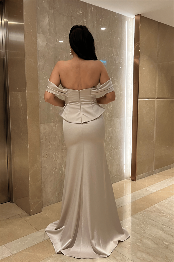 Saten Kumaş Balen Detaylı Abiye Elbise - BEJ