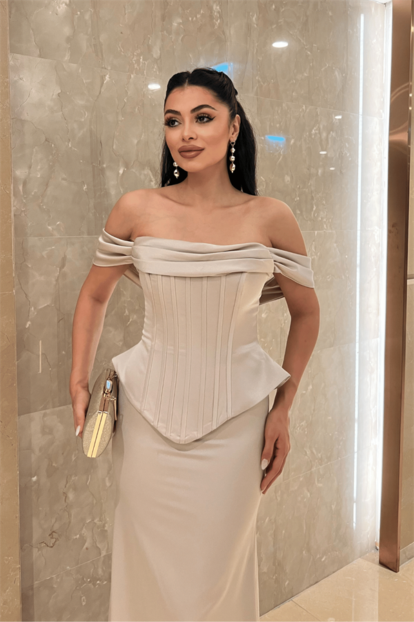 Saten Kumaş Balen Detaylı Abiye Elbise - BEJ