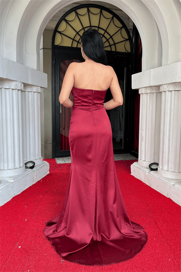 Saten Kumaş Balen Detaylı Abiye Elbise - BORDO