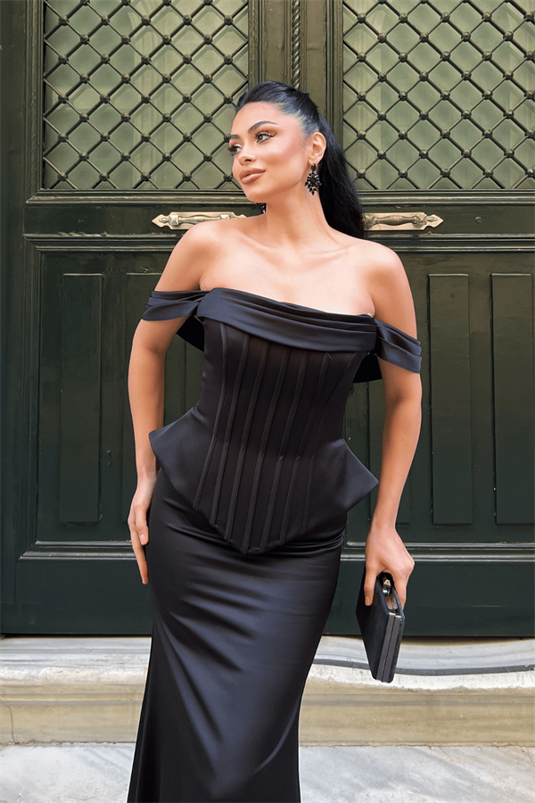 Saten Kumaş Balen Detaylı Abiye Elbise - SİYAH