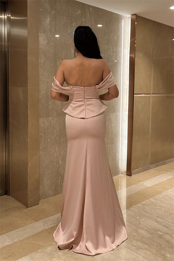 Saten Kumaş Balen Detaylı Abiye Elbise - PUDRA