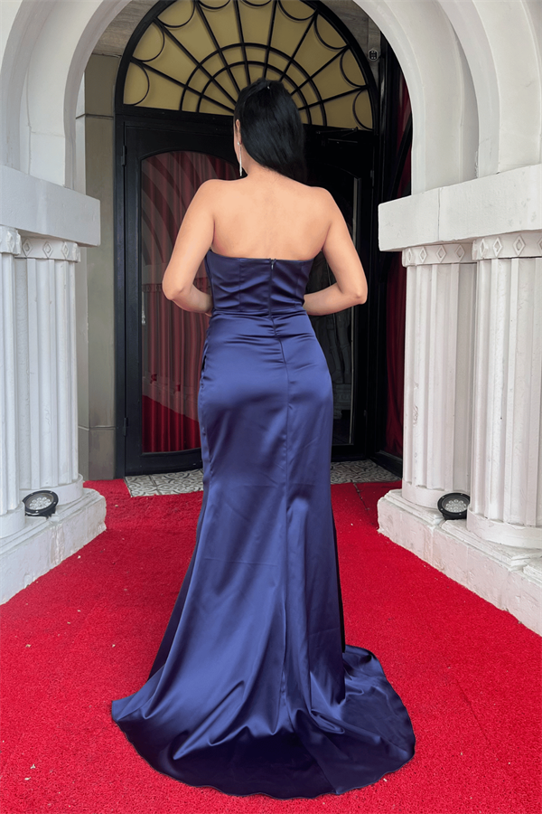 Saten Kumaş Balen Detaylı Abiye Elbise - LACİVERT