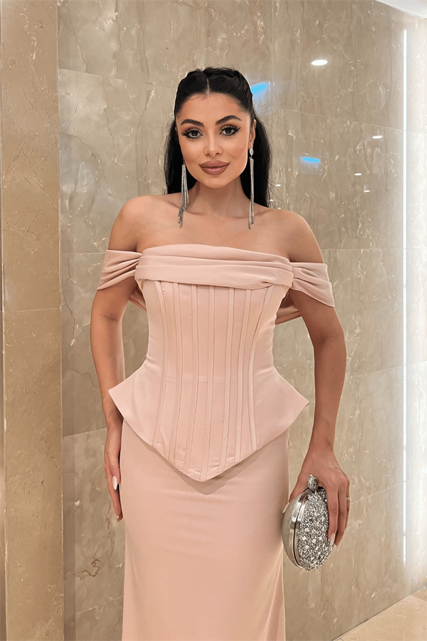 Saten Kumaş Balen Detaylı Abiye Elbise - PUDRA