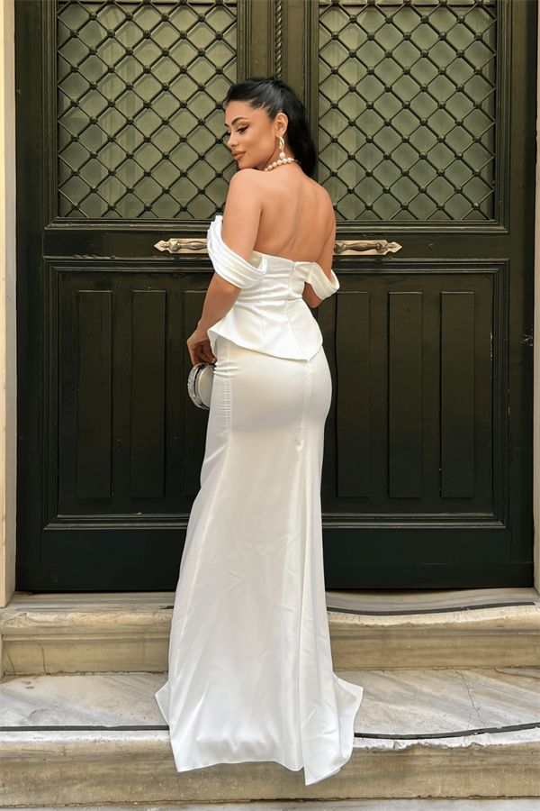 Saten Kumaş Balen Detaylı Abiye Elbise - BEYAZ