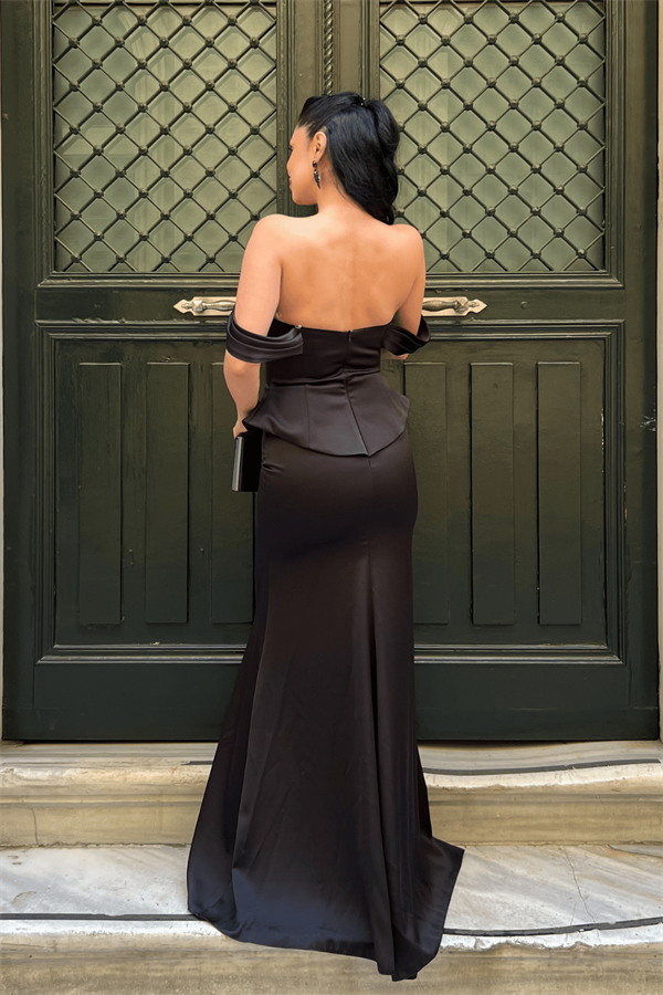 Saten Kumaş Balen Detaylı Abiye Elbise - SİYAH