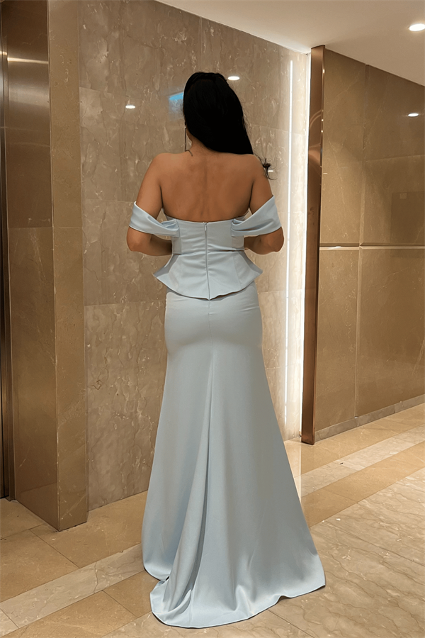 Saten Kumaş Balen Detaylı Abiye Elbise - BEBE MAVİSİ