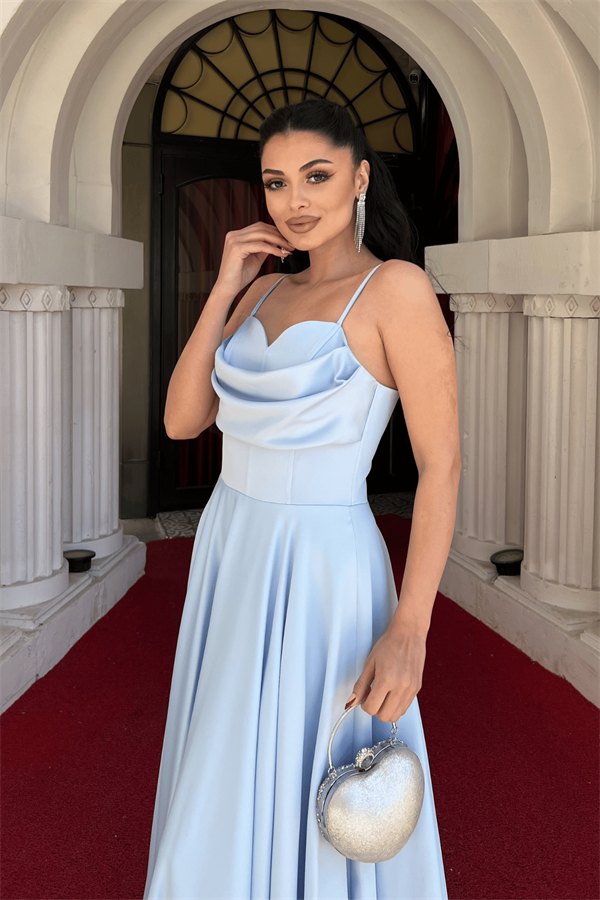 Saten Kumaş Balen Detaylı Degaje Yaka Elbise - BEBE MAVİSİ