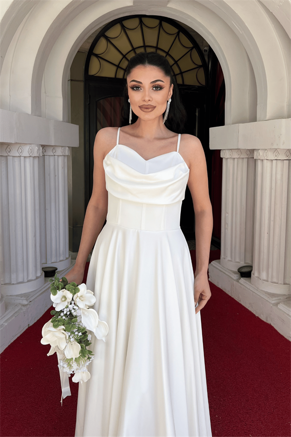 Saten Kumaş Balen Detaylı Degaje Yaka Elbise - BEYAZ