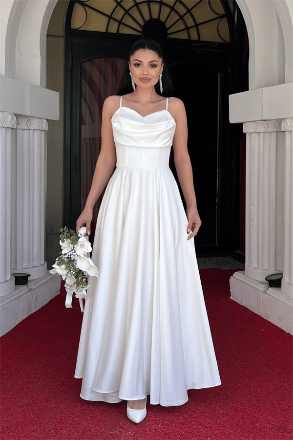 Saten Kumaş Balen Detaylı Degaje Yaka Elbise - BEYAZ