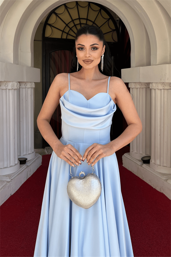 Saten Kumaş Balen Detaylı Degaje Yaka Elbise - BEBE MAVİSİ