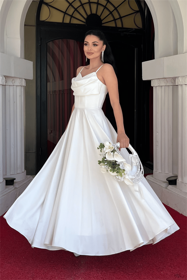 Saten Kumaş Balen Detaylı Degaje Yaka Elbise - BEYAZ