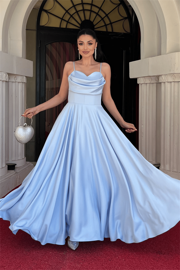 Saten Kumaş Balen Detaylı Degaje Yaka Elbise - BEBE MAVİSİ