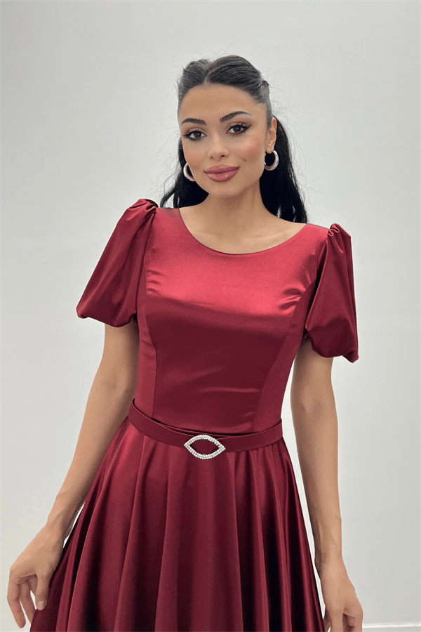 Saten Kumaş Balon Kol Midi Elbise - BORDO