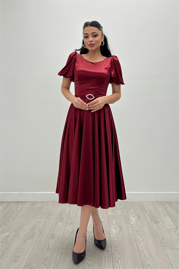 Saten Kumaş Balon Kol Midi Elbise - BORDO