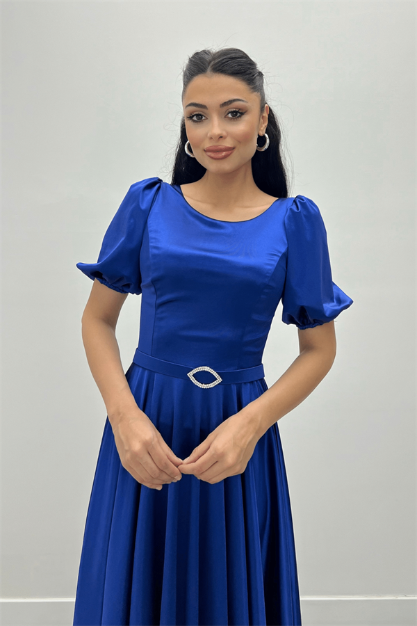 Saten Kumaş Balon Kol Midi Elbise - SAKS MAVİ