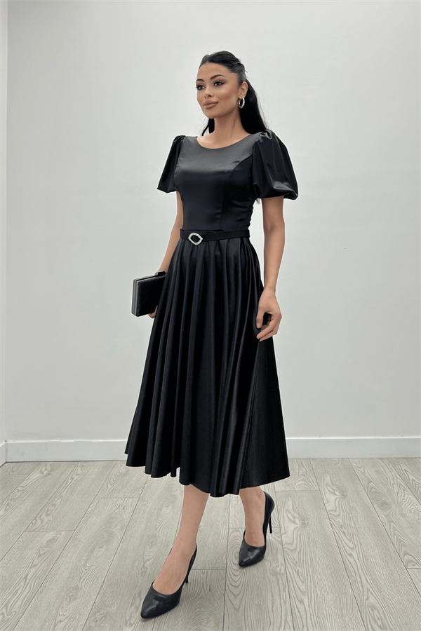 Saten Kumaş Balon Kol Midi Elbise - SİYAH