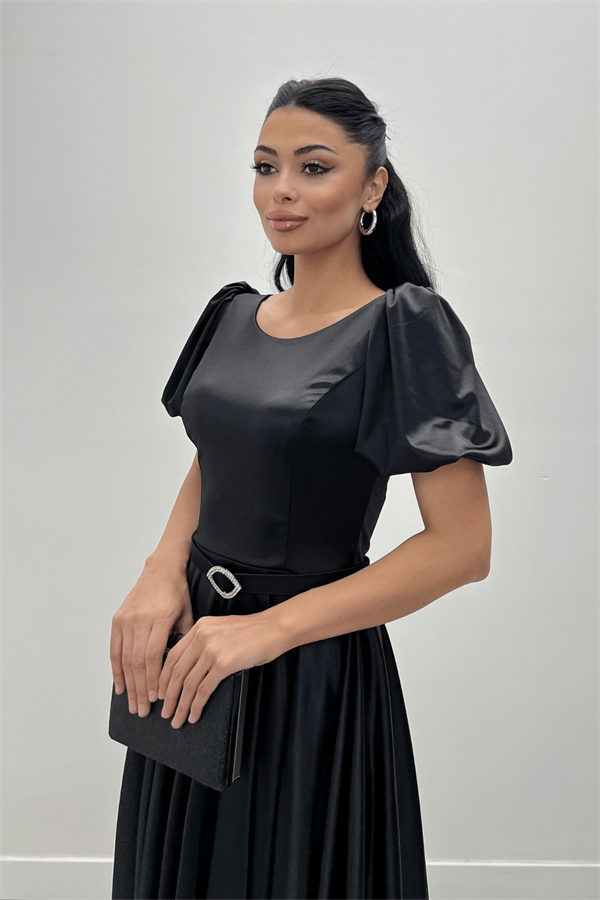 Saten Kumaş Balon Kol Midi Elbise - SİYAH