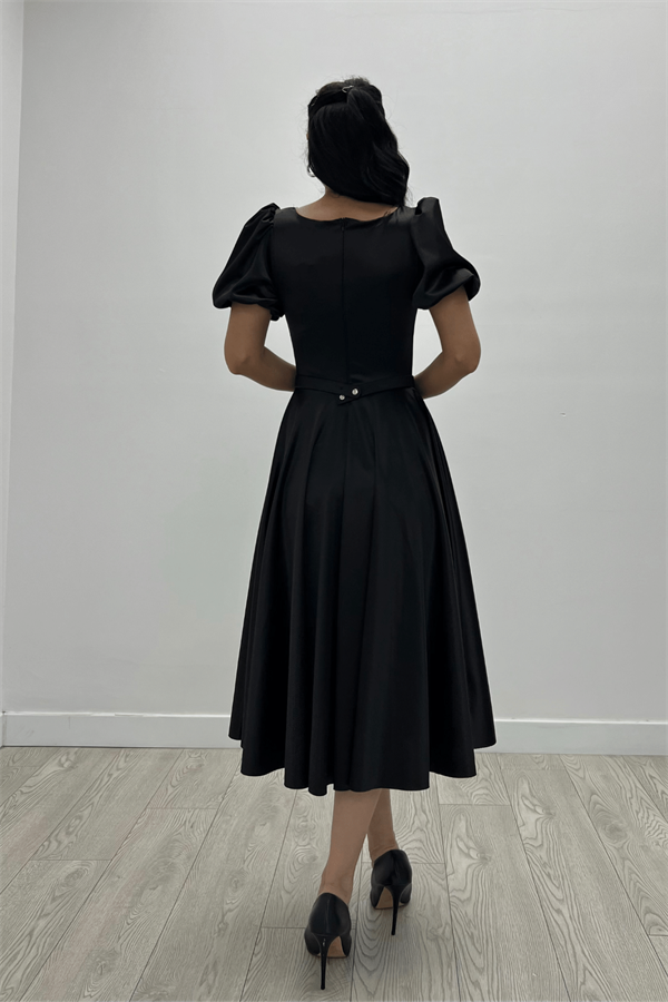 Saten Kumaş Balon Kol Midi Elbise - SİYAH