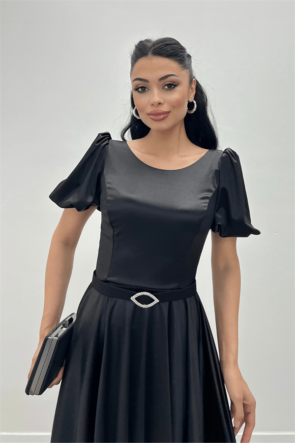 Saten Kumaş Balon Kol Midi Elbise - SİYAH