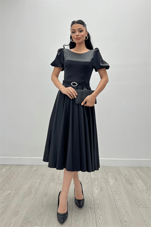 Saten Kumaş Balon Kol Midi Elbise - SİYAH