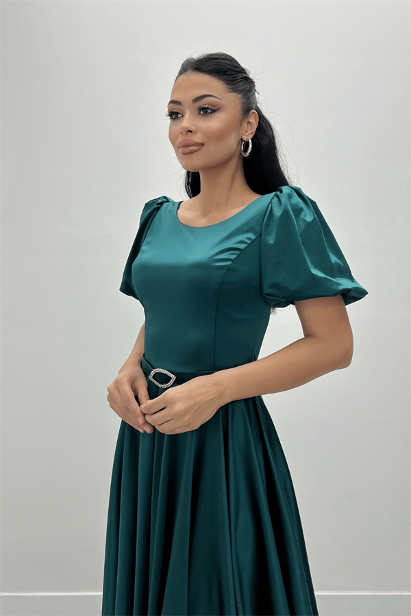 Saten Kumaş Balon Kol Midi Elbise - ZÜMRÜT YEŞİL