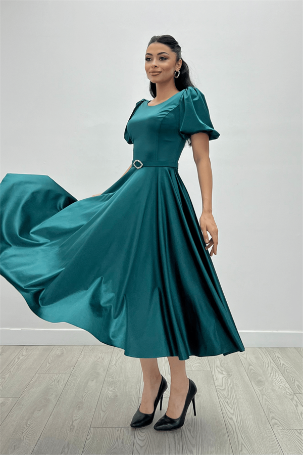 Saten Kumaş Balon Kol Midi Elbise - ZÜMRÜT YEŞİL