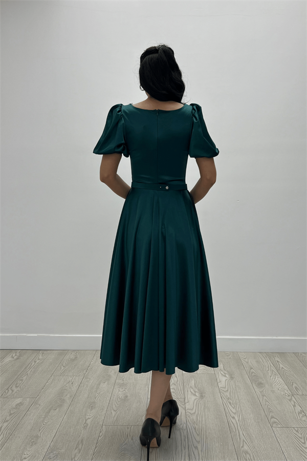 Saten Kumaş Balon Kol Midi Elbise - ZÜMRÜT YEŞİL