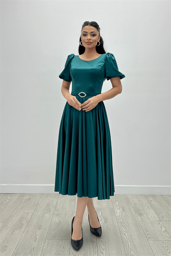 Saten Kumaş Balon Kol Midi Elbise - ZÜMRÜT YEŞİL