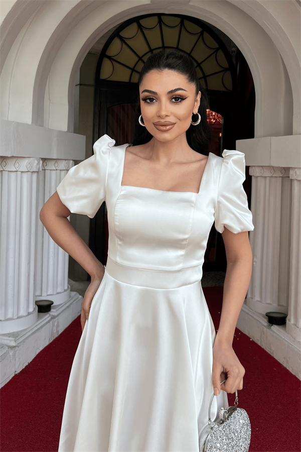 Saten Kumaş Balon Kol Mini Elbise - BEYAZ