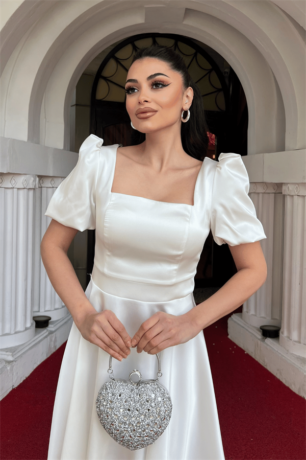 Saten Kumaş Balon Kol Mini Elbise - BEYAZ