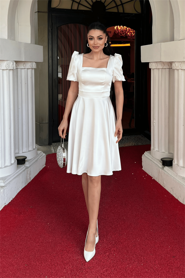 Saten Kumaş Balon Kol Mini Elbise - BEYAZ