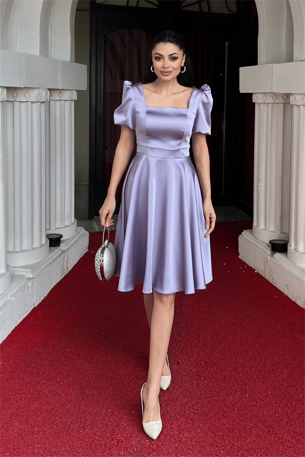 Saten Kumaş Balon Kol Mini Elbise - LİLA