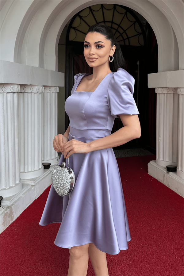 Saten Kumaş Balon Kol Mini Elbise - LİLA