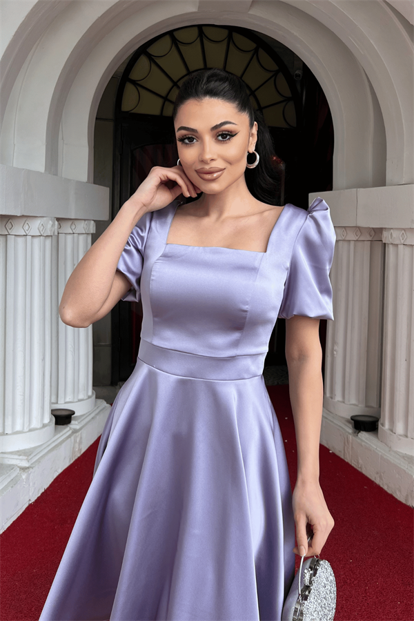 Saten Kumaş Balon Kol Mini Elbise - LİLA