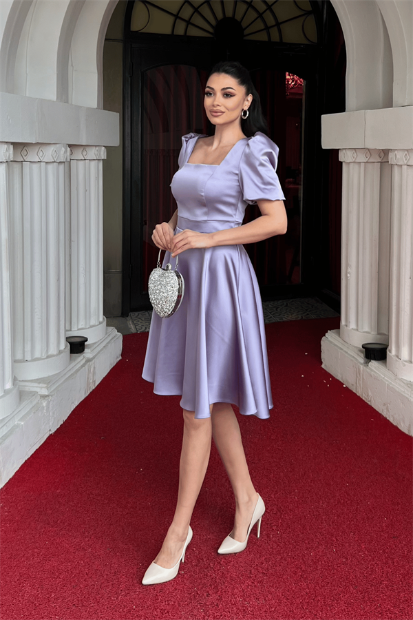 Saten Kumaş Balon Kol Mini Elbise - LİLA
