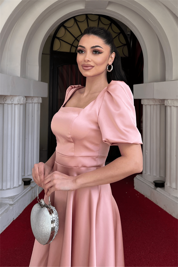 Saten Kumaş Balon Kol Mini Elbise - PUDRA
