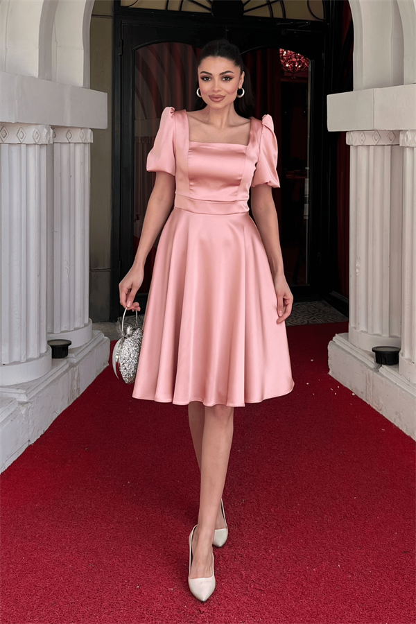 Saten Kumaş Balon Kol Mini Elbise - PUDRA