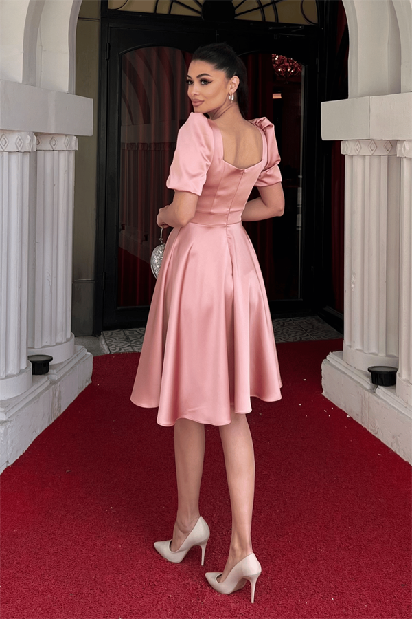 Saten Kumaş Balon Kol Mini Elbise - PUDRA