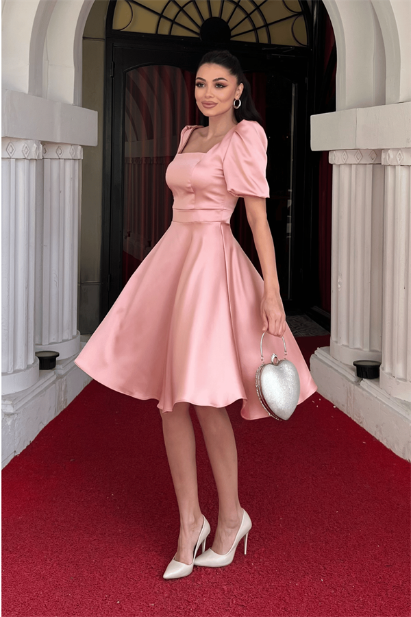 Saten Kumaş Balon Kol Mini Elbise - PUDRA