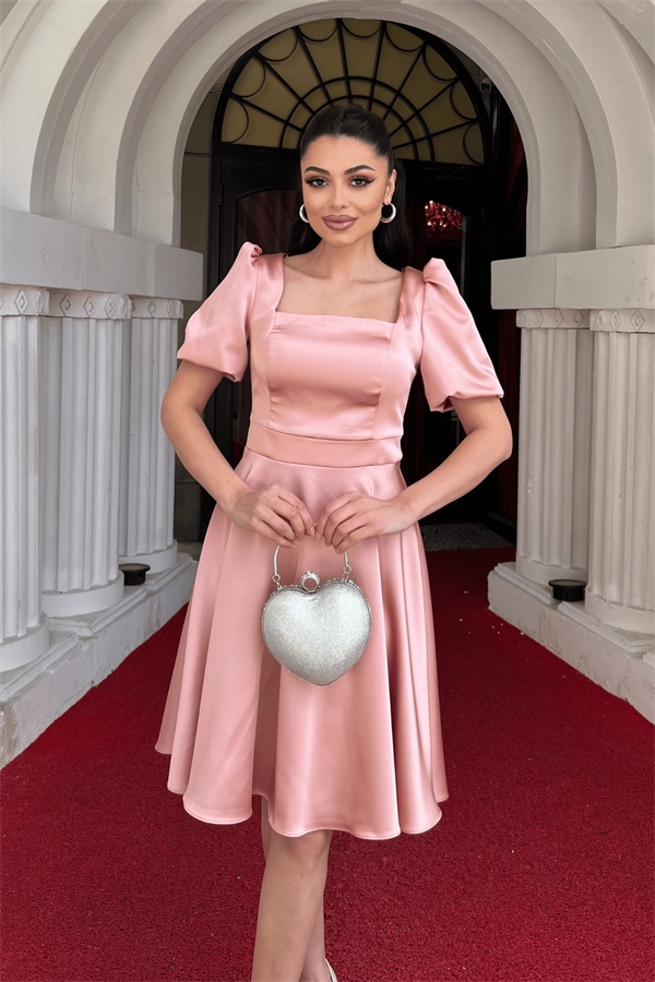 Saten Kumaş Balon Kol Mini Elbise - PUDRA