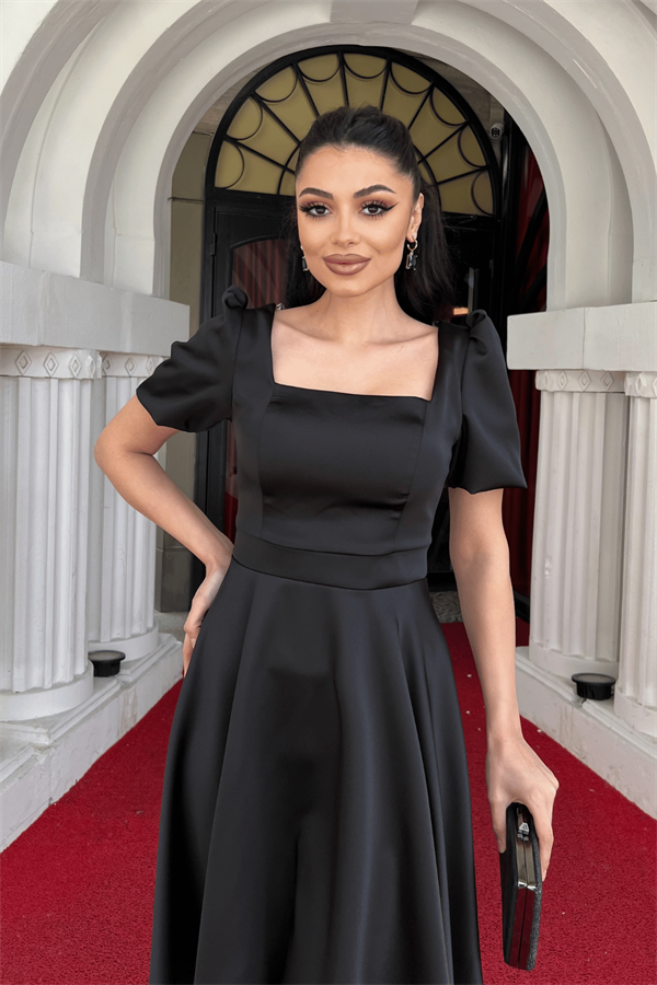 Saten Kumaş Balon Kol Mini Elbise - SİYAH