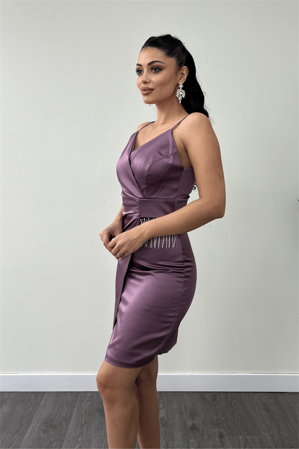 Saten Kumaş Boncuk Detaylı Elbise - LİLA