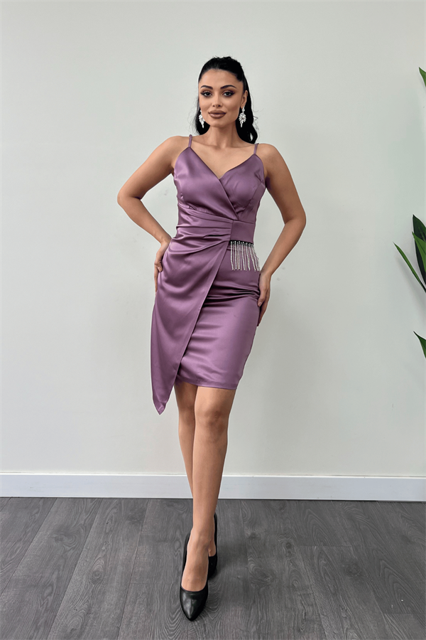 Saten Kumaş Boncuk Detaylı Elbise - LİLA
