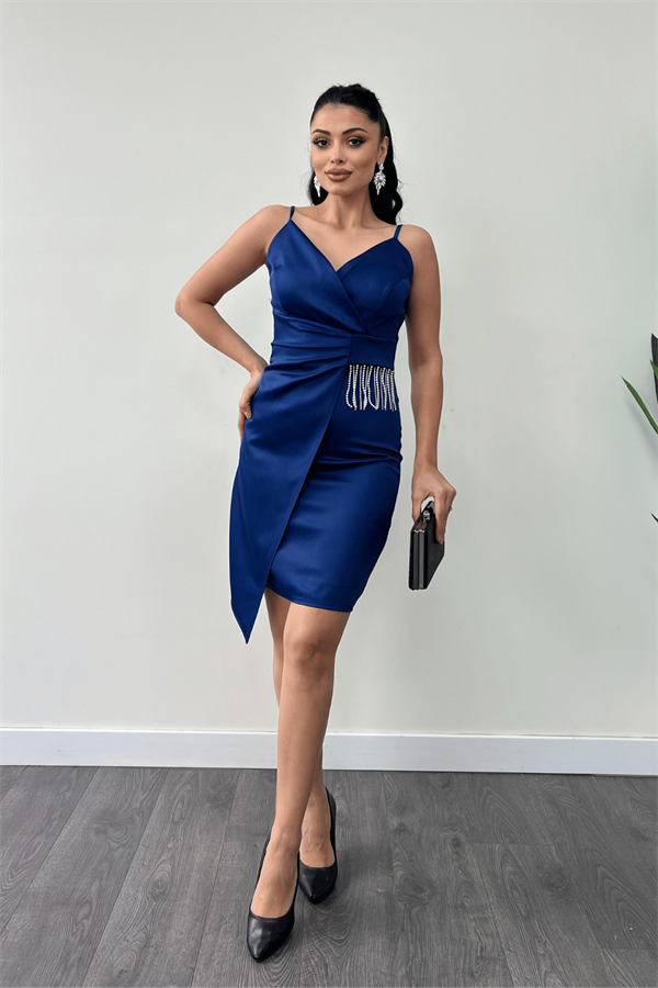 Saten Kumaş Boncuk Detaylı Elbise - SAKS MAVİ