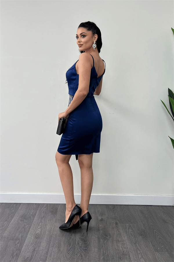 Saten Kumaş Boncuk Detaylı Elbise - SAKS MAVİ