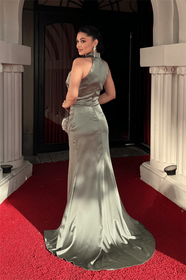 Saten Kumaş Boyundan Bağlamalı Abiye Elbise - MİNT YEŞİLİ