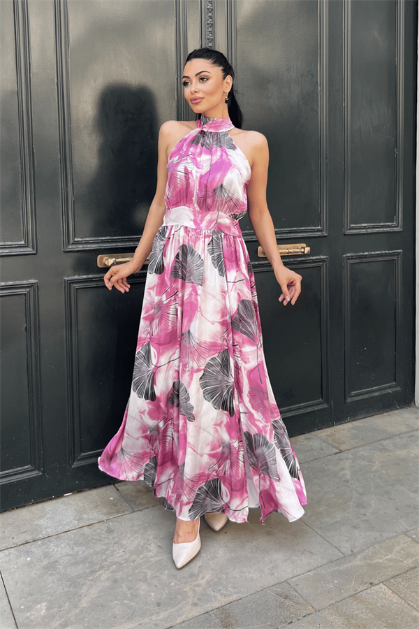 Saten Kumas Boyundan Bağlamalı Elbise  - PEMBE