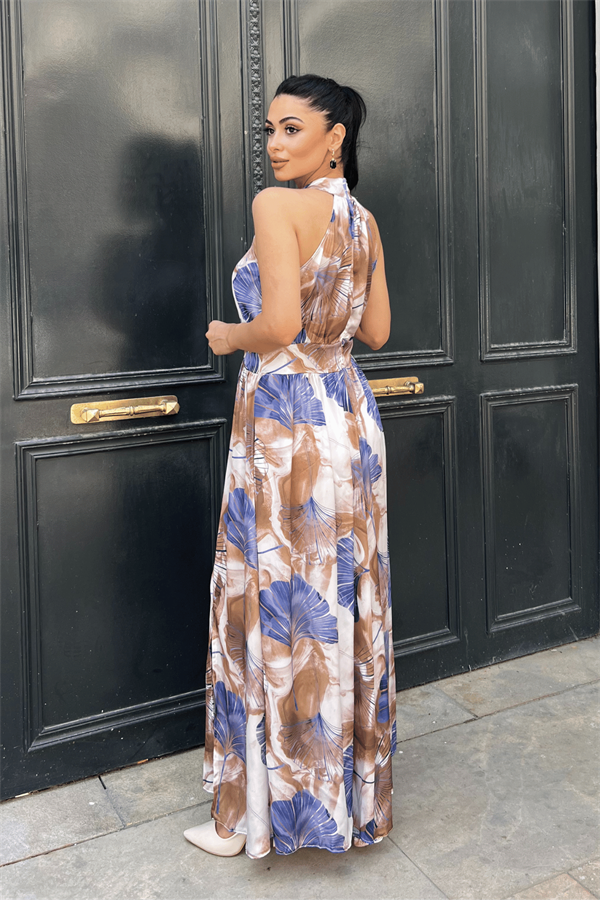 Saten Kumas Boyundan Bağlamalı Elbise  - MAVİ